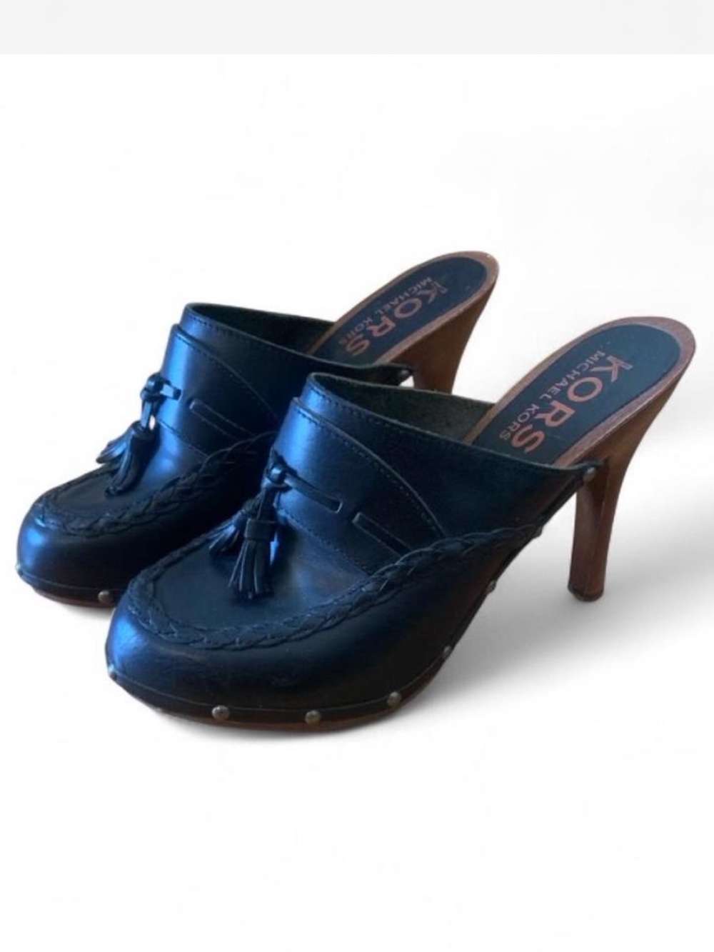 Michael Kors Black Leather Tassel Clog Heels with Wood-Look Heel